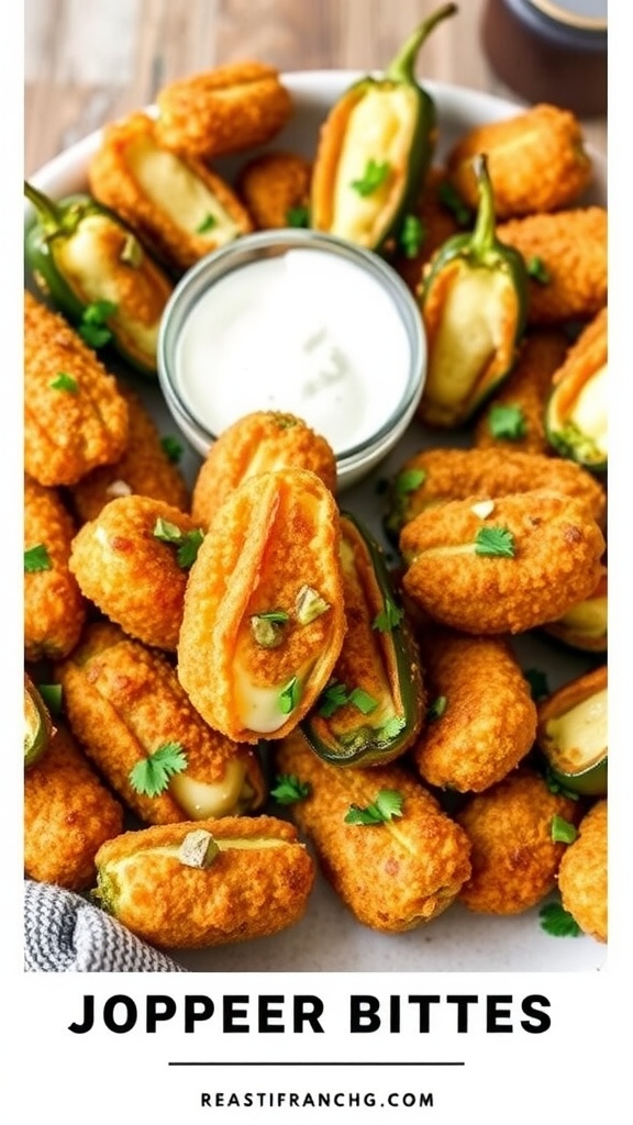 A tempting display of golden-brown jalapeño popper bites on a wooden table, with a small bowl of ranch dressing.